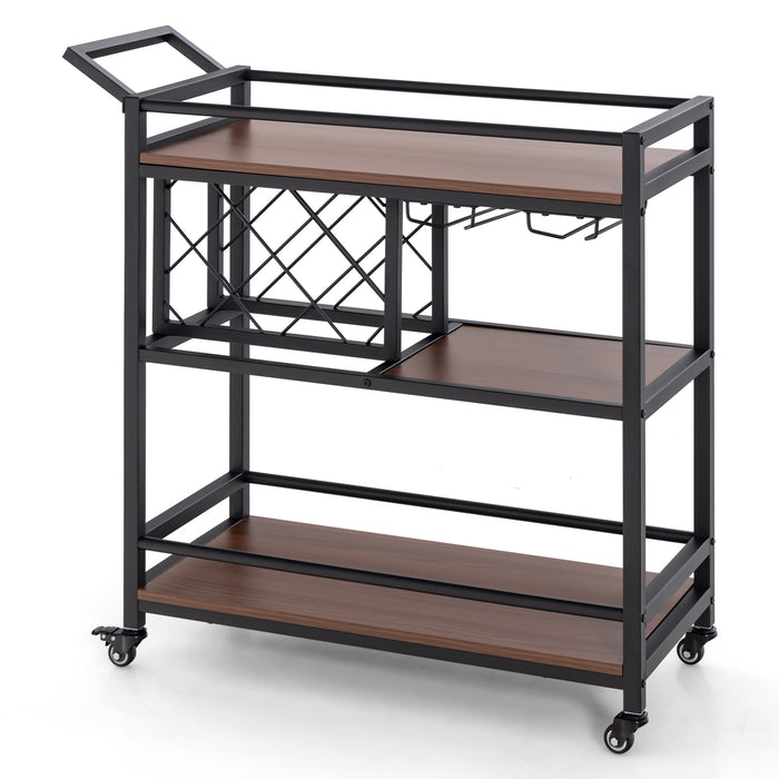 3-Tier Serving Cart - Bar Cart with Wine Racks and Glass Holders, Walnut Finish - Ideal for Entertaining and Storage