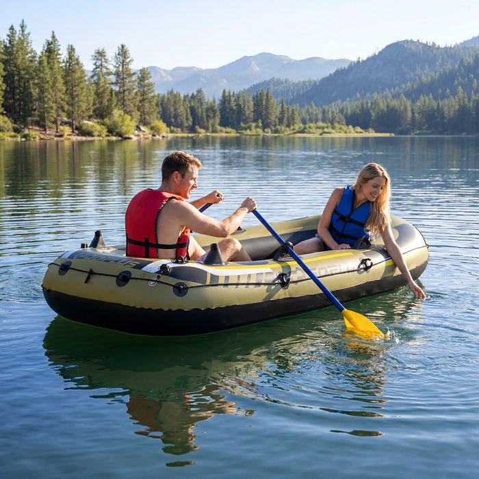 Inflatable 3-Person Fishing Raft with Oars and Pump and Rod Holders for Lake-