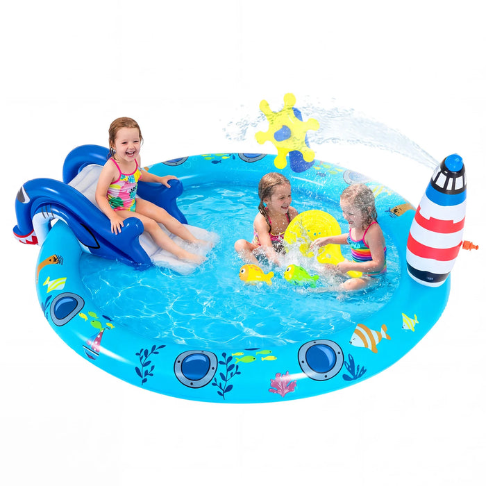 Inflatable Play Center with Shark Slide & Lighthouse Sprinkle for Kids