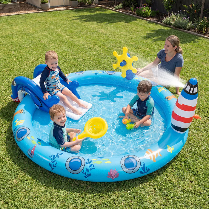 Inflatable Play Center with Shark Slide & Lighthouse Sprinkle for Kids