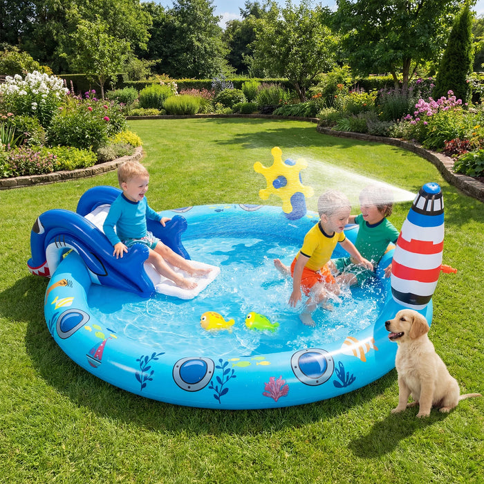Inflatable Play Center with Shark Slide & Lighthouse Sprinkle for Kids