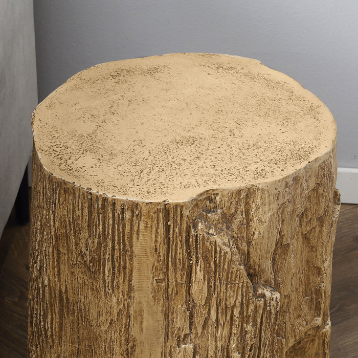 HOMCOM Tree Stump End Table, Round Concrete Side Table for Indoor and Outdoor Use, Natural Wood Effect