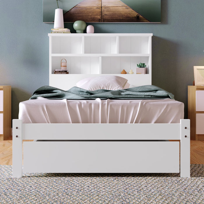 Pinewood and MDF White Storage Bed - Built-in Shelves, Underbed Drawer, 208x100x93 cm - Space-Saving Solution for Bedroom Organization