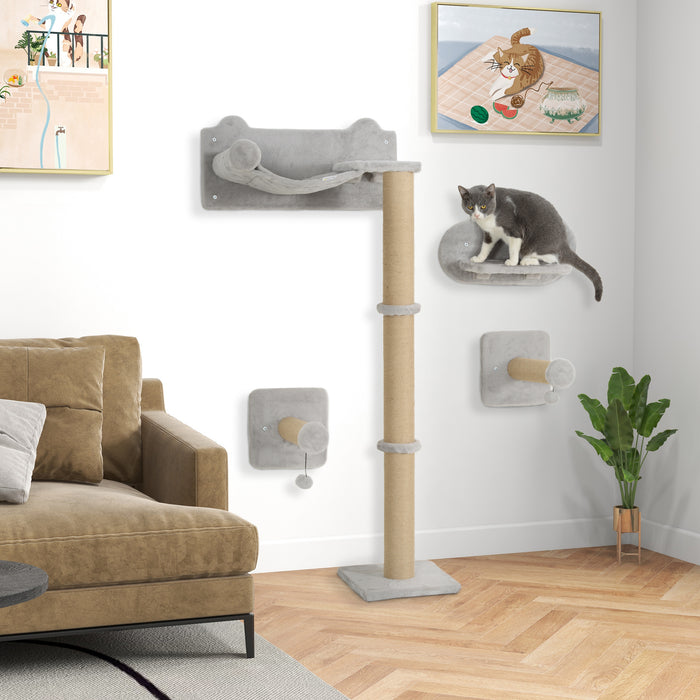 PawHut 4 Piece Cat Shelves w/ Scratching Post, Steps, Jumping Platform, Ladder, Toy Balls, for Indoor Cats, Light Grey | Aosom UK