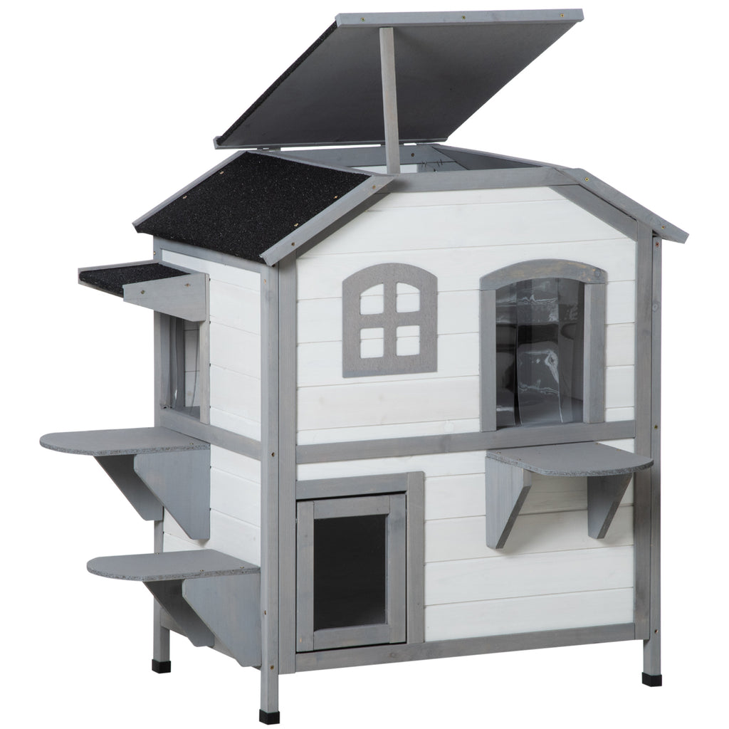 2-Story Kitty Condo with Escape Hatch - Indoor/Outdoor Weatherproof Cat Shelter, White Finish - Safe Haven for Felines in Varied Climates