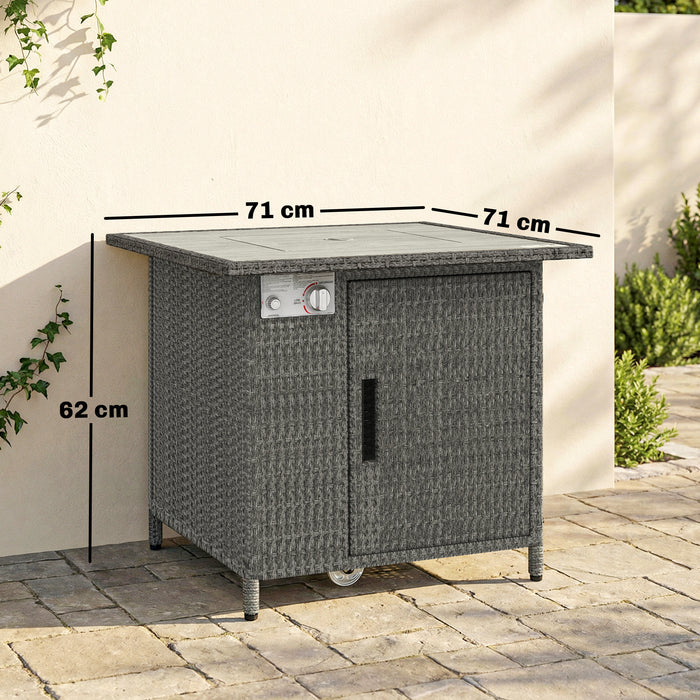 Outsunny 14.5 KW Rattan Gas Fire Pit Dining Table with Rain Cover, Wind Guard, Lid, Lava Rocks, Dark Grey