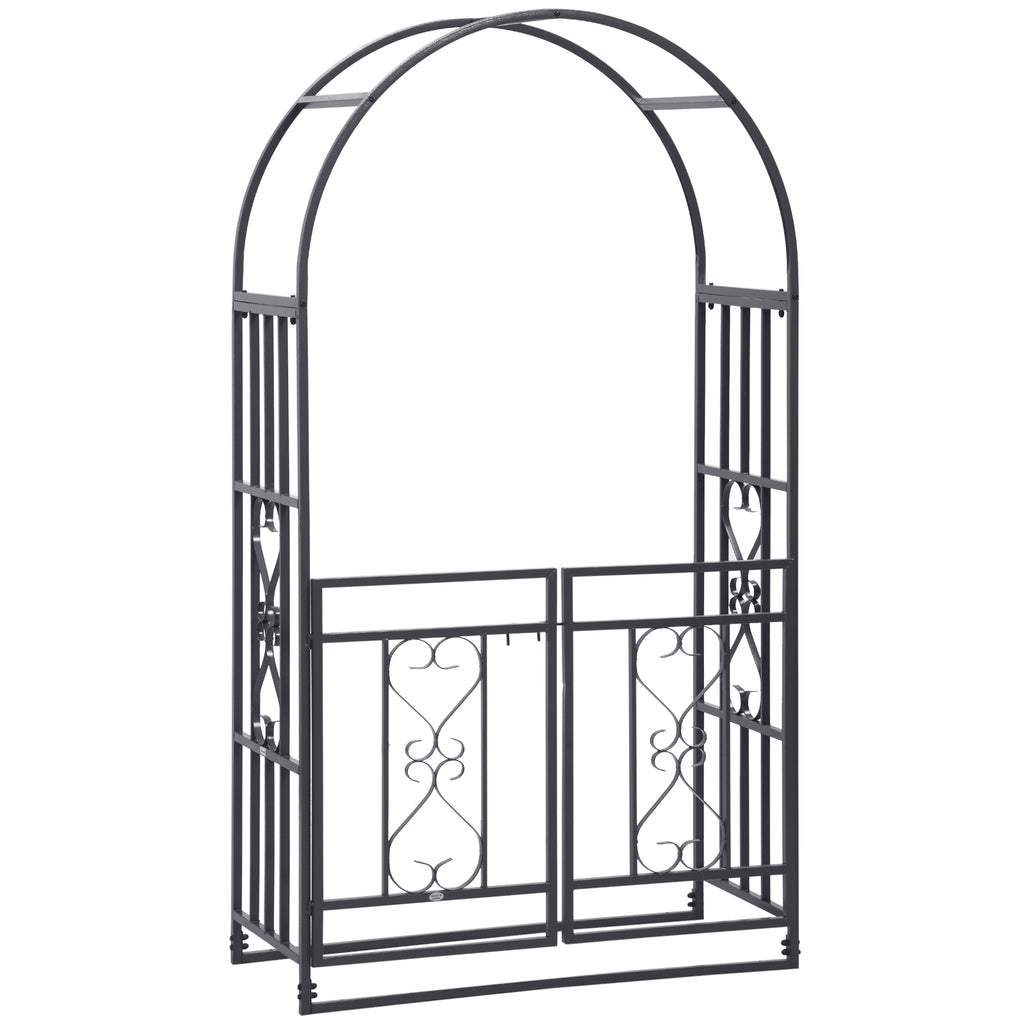 Outsunny Outdoor Garden Arch with Double Gates, Metal Garden Arbor for Climbing Plants, Roses, Vines, Wedding Arch for Outdoor, 114L x 50W x 206H cm, Dark Grey