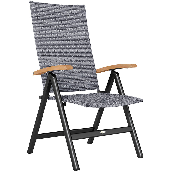 Outsunny Outdoor Folding Rattan Chair with Armrests, High Backrest, for Garden, Camping, Balcony, Porch - Light Grey