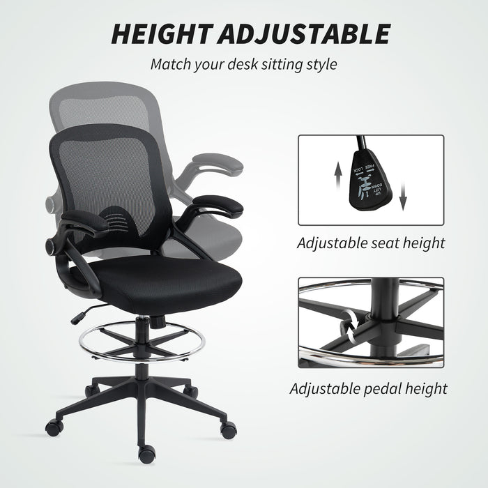 Vinsetto Drafting Chair with Flip-up Armrest, Mesh Office Stool with Foot Ring, 360° Swivel Height Adjustable Chair for Standing Desk, Black