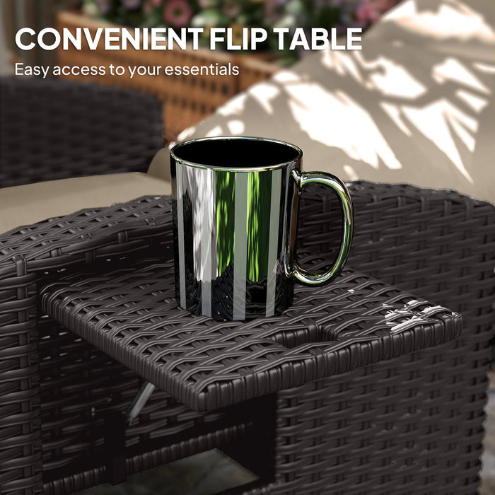 Outsunny Rattan Garden Recliner Chair, Adjustable Backrest Reclining Rattan Chair with Flip Table, Cushion and Footrest, Indoor Outdoor Lounge Reclining Sun Lounger for Patio, Dark Brown/Khaki