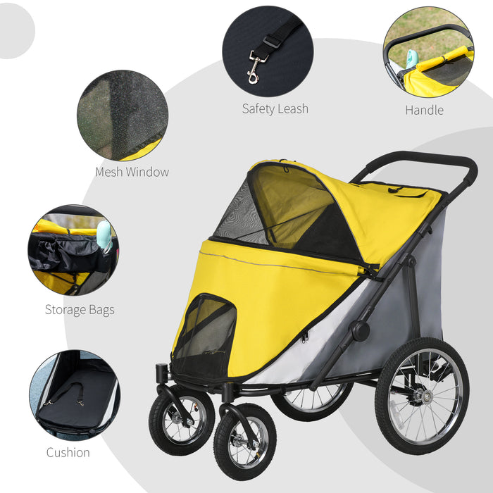 Foldable Canine & Feline Cart - Washable Cushion, Storage Bags & Safety Leash Features - Ideal for Medium to Large Pets on the Go, Vibrant Yellow