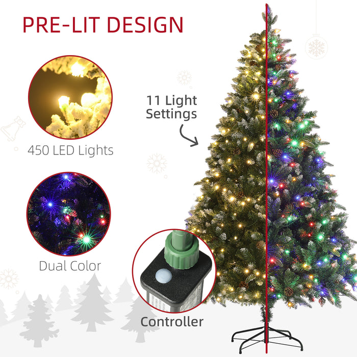 HOMCOM 7ft Prelit Artificial Christmas Tree with Dual Colour LED Light and 1466 Tips, Metal Base, Realistic Hinged Xmas Tree, Green