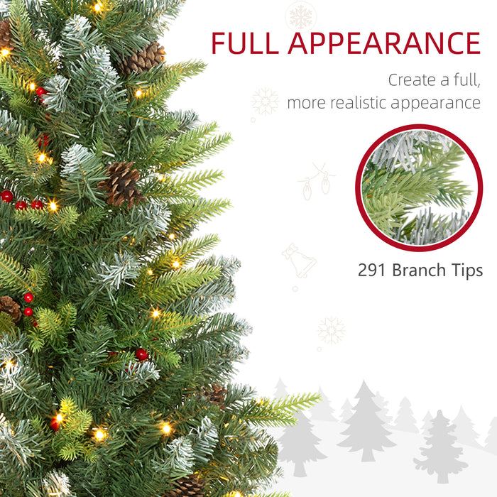 HOMCOM 2 Pieces 3ft Prelit Artificial Christmas Tree with LED Light and 291 Tips, Concrete Base, Tabletop Xmas Tree with Pine Cones and Red Berries, Green