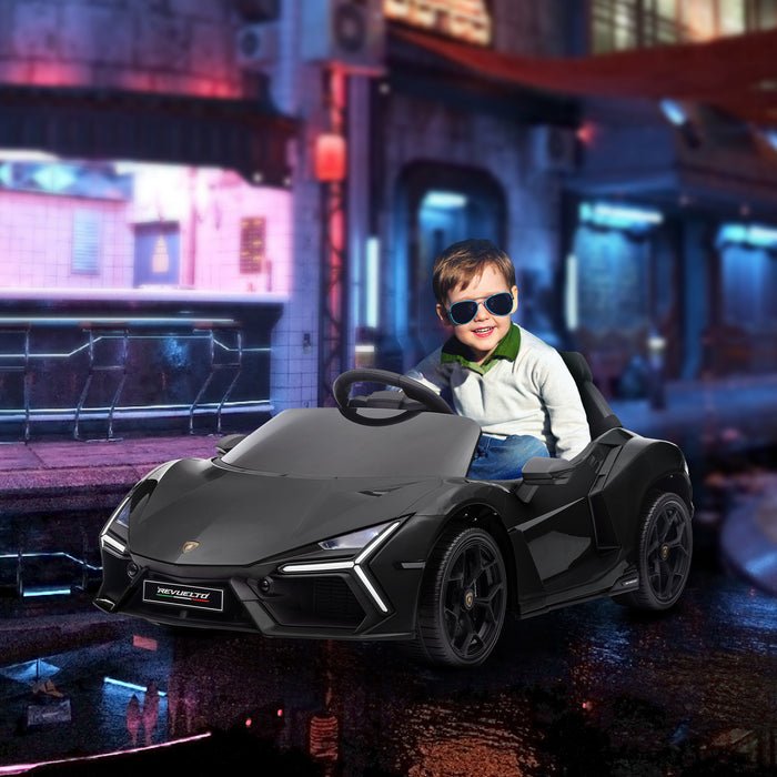 AIYAPLAY Lamborghini Revuelto Licensed 12V Ride on Car w/ Butterfly Doors Training Wheels, Suspension, Remote Control Black | Aosom UK