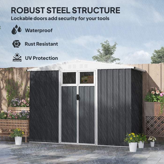 Outsunny 8 x 4 ft Metal Garden Shed, Garden Storage Shed with Window, 4 Vents and Lockable Door, Waterproof Galvanised Steel Tool Storage Shed, Dark Grey