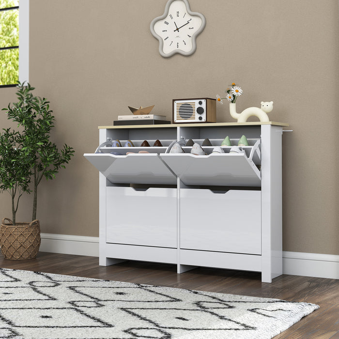 HOMCOM Slim Shoe Cabinet, Narrow Shoe Cupboard with 4 Flip Drawers, Adjustable Shelves for 16 Pairs of Shoes, White