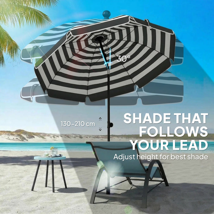 Outsunny 1.8 m Beach Umbrella Parasol with Sand Anchor, Portable 30° Tilting Patio Sun Shade with Adjustable Height, Grey/White