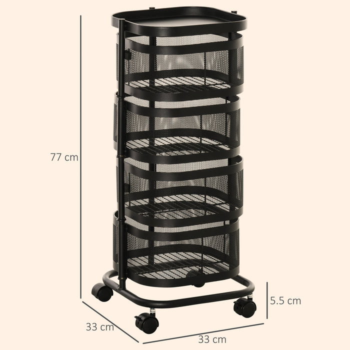 HOMCOM Metal Storage Cart, 4-Tier Storage Trolley on Wheels with 4 Mesh Baskets and Top Tray, Black