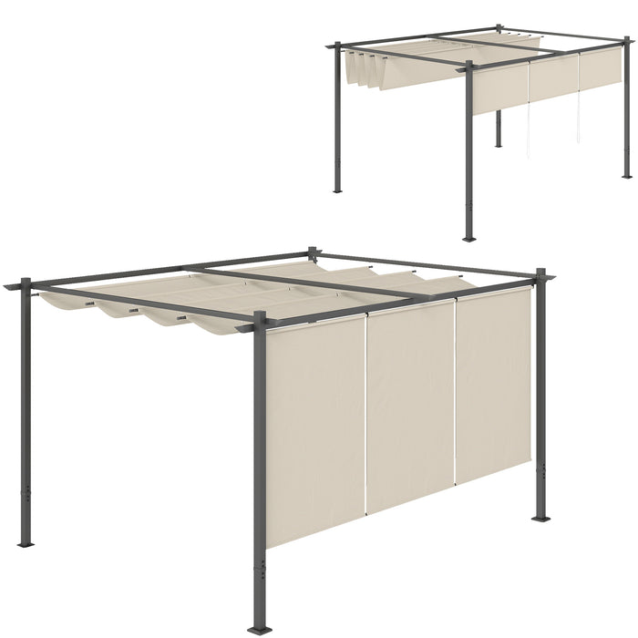 Outsunny 3 x 4m Metal Pergola with Retractable Roof and Roller Shade, Wall-Mounted or Free Standing Garden Gazebo Canopy Pergola Kit, UPF30+ Outdoor Sun Shade Shelter, Beige