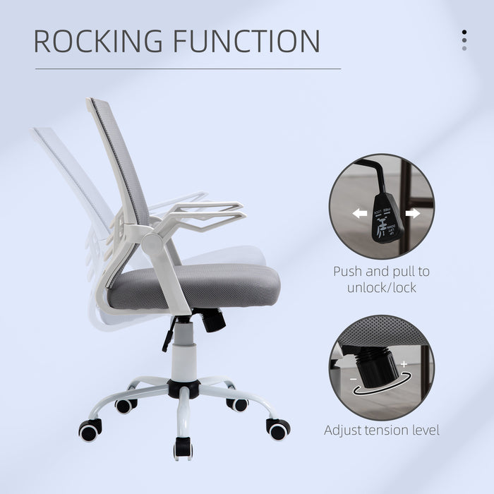 HOMCOM Home Office Furniture Set, Modern Computer Desk with Storage Shelf and Ergonomic Mesh Chair with Flip-Up Arms, Lumbar Support, Adjustable Height, Swivel Wheels, White and Grey