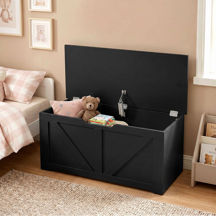 HOMCOM 100L Home Storage Box, with Safety Hinge - Black Wood-Effect
