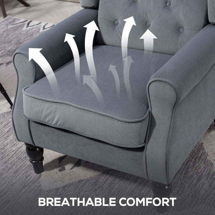 HOMCOM Wingback Accent Chair, Retro Upholstered Button Tufted Occasional Chair for Living Room and Bedroom, Grey