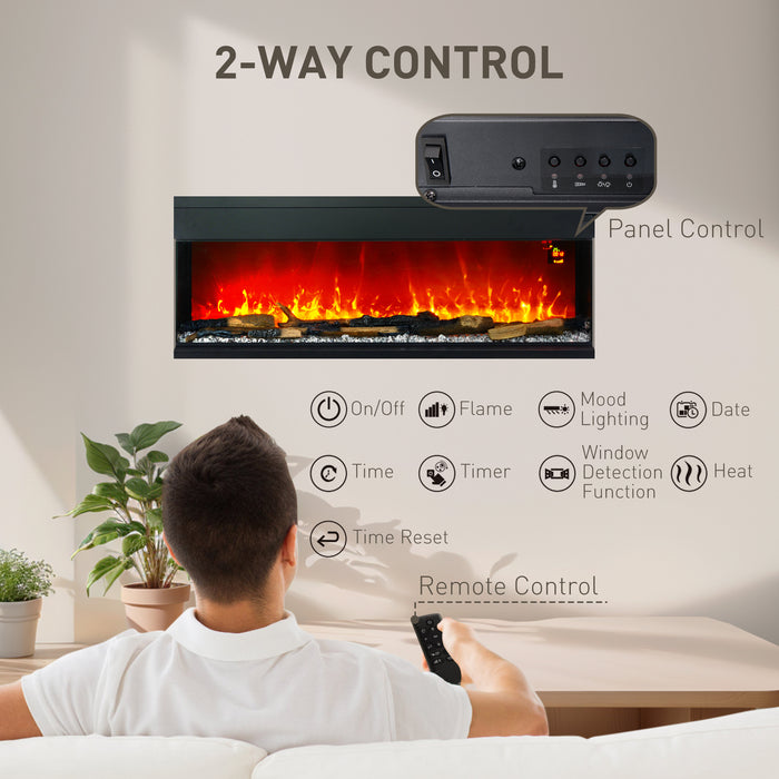 HOMCOM 50inch/ 127cm Media Electric Fireplace Wall Mounted, Recessed, Insert, Freestanding, Glass Electric Fire with Adjustable LED Flame Effect, Log, Crystal, Remote Control, 1800W, Black | Aosom UK