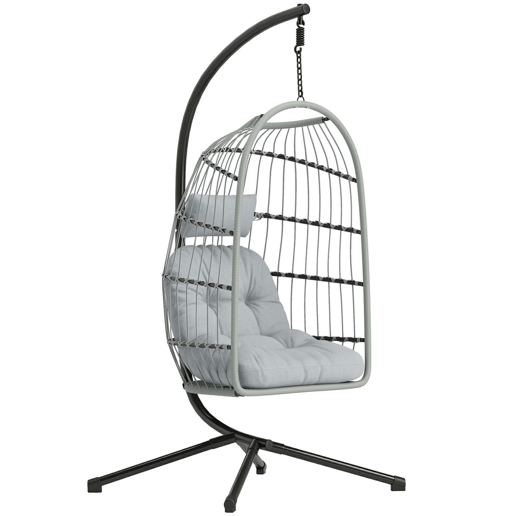 Outsunny Hanging Egg Chair, Indoor Outdoor Hammock Swing Chair with Stand, Safety Strap, Foldable Basket, Light Grey