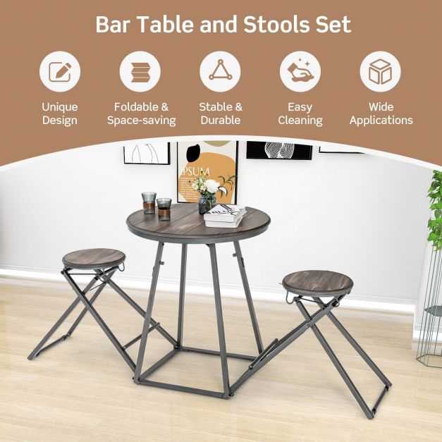 3-Piece Furniture Set - Round Grey Table and 2 Foldable Stools - Perfect Solution for Space Saving in Compact Rooms