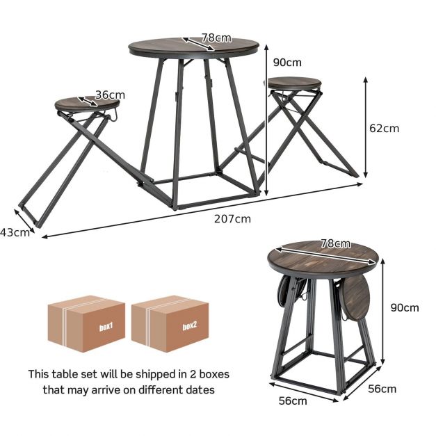 3-Piece Furniture Set - Round Grey Table and 2 Foldable Stools - Perfect Solution for Space Saving in Compact Rooms
