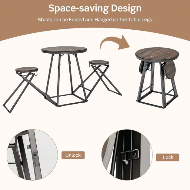 3-Piece Furniture Set - Round Grey Table and 2 Foldable Stools - Perfect Solution for Space Saving in Compact Rooms