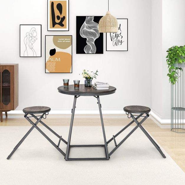 3-Piece Furniture Set - Round Grey Table and 2 Foldable Stools - Perfect Solution for Space Saving in Compact Rooms
