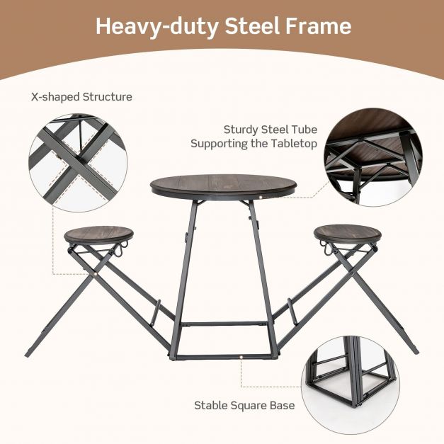 3-Piece Furniture Set - Round Grey Table and 2 Foldable Stools - Perfect Solution for Space Saving in Compact Rooms