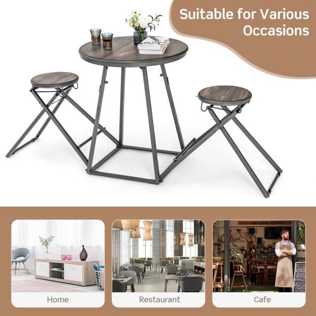 3-Piece Furniture Set - Round Grey Table and 2 Foldable Stools - Perfect Solution for Space Saving in Compact Rooms