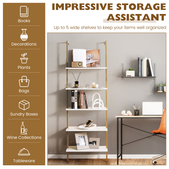 5-Tier Ladder Shelf with Steel Frame for Living Room Bedroom Office-White &amp; Golden