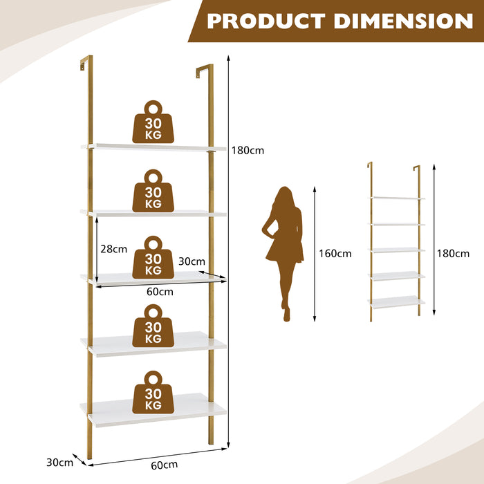 5-Tier Ladder Shelf with Steel Frame for Living Room Bedroom Office-White &amp; Golden