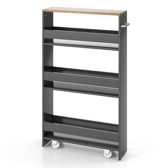 Slim Storage Trolley - 4-Tier Slide-Out, Rolling Design for Kitchen or Dining Room - Space Saving Solution for Home and Office Storage Needs in Grey Finish