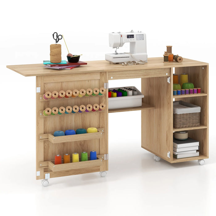 Folding Sewing Table with Rattan Door and Lockable Casters for Craft-