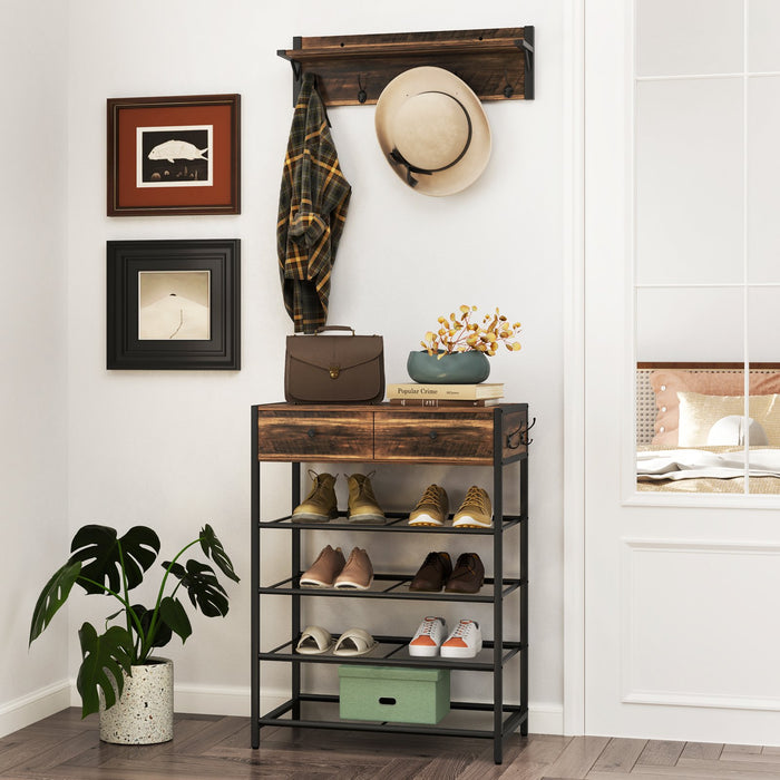 Coat Rack Shoe Stand Set with Wall-Mounted Coat Rack and Drawers-