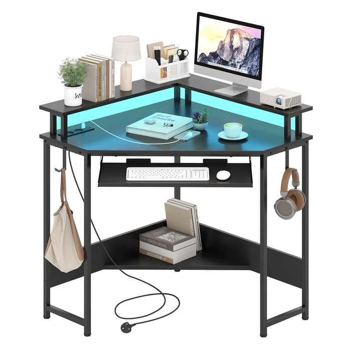 Computer Corner Desk with LED Charging Station and Monitor Stand-White
