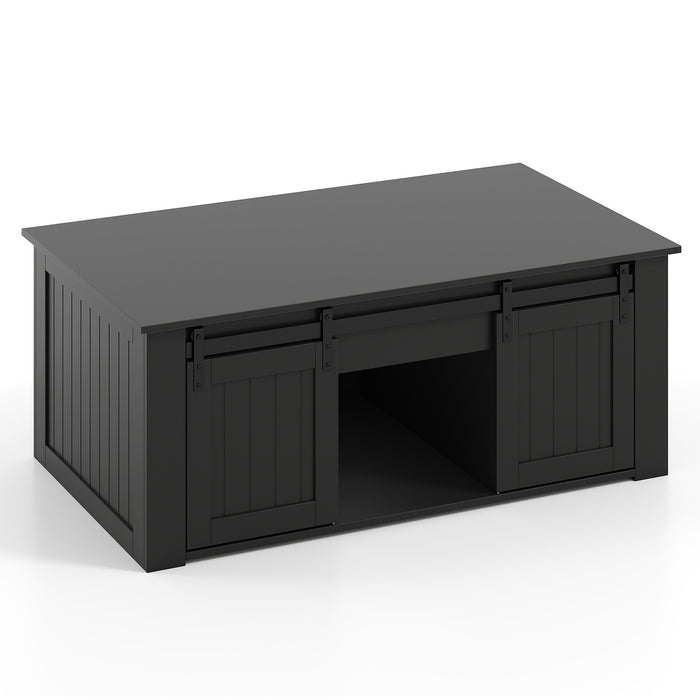 120 cm Lift Top Coffee Table with Barn Sliding Doors and Cabinets for Living Room-White