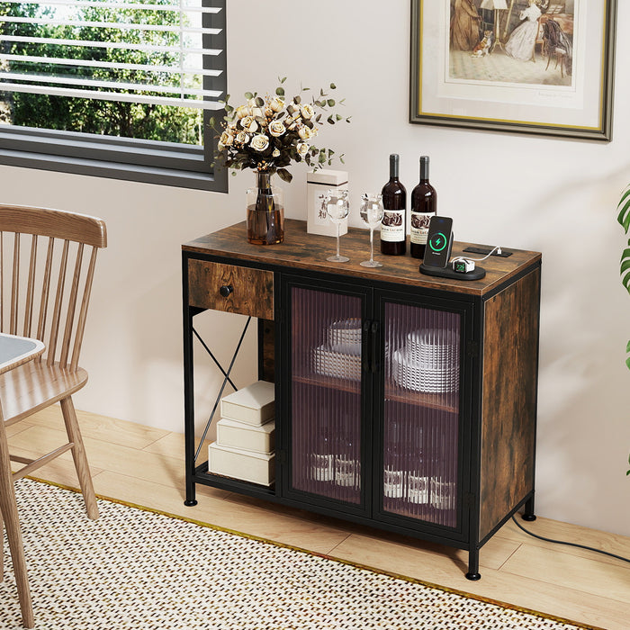 Buffet Sideboard with Power Outlets and LED Light Kitchen Storage Cabinet-Black