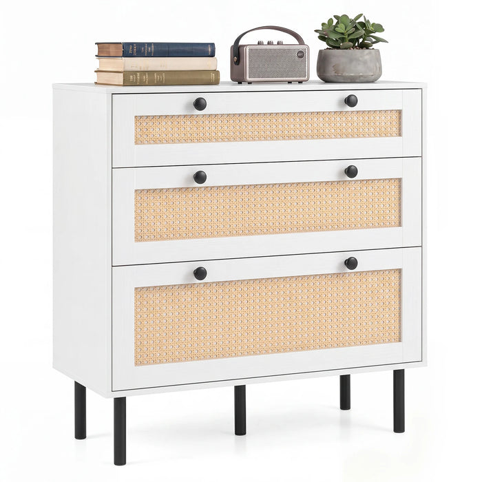 Dresser with 3 Drawers and Rattan Design and 5 Metal Legs for Bedroom-