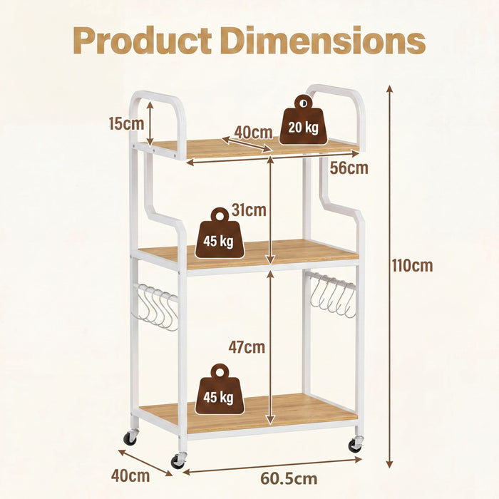3-Tier Rolling Printer Stand with Storage Shelves and Hooks-Rustic Brown