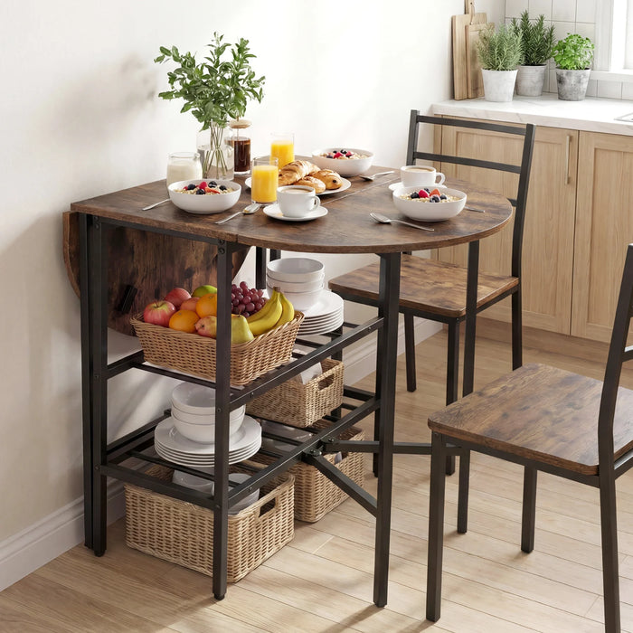 Oval dining table with 2 folding side panels and a metal frame for 4 people-
