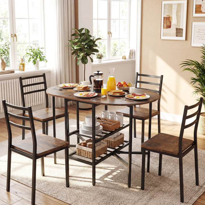 Oval dining table with 2 folding side panels and a metal frame for 4 people-