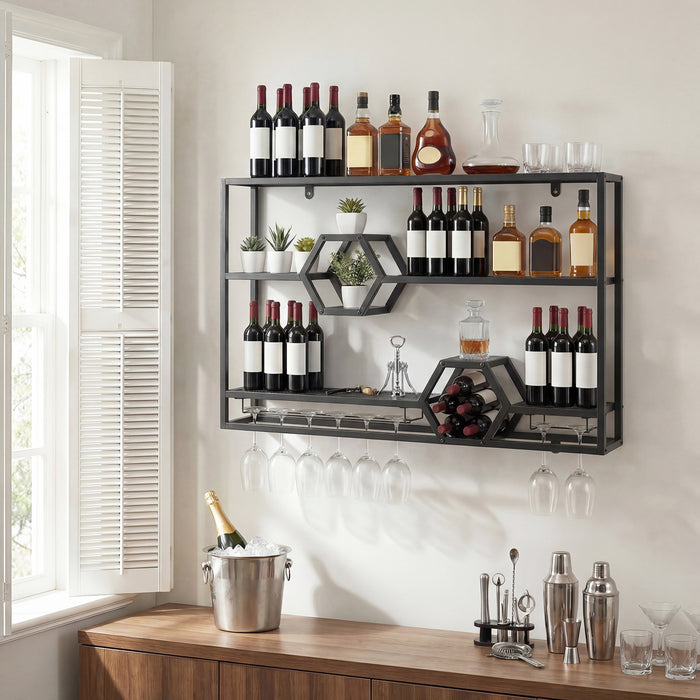 3-Tier Metal Wall Mounted Wine Rack with Glass Holder  for Home Bar-Black