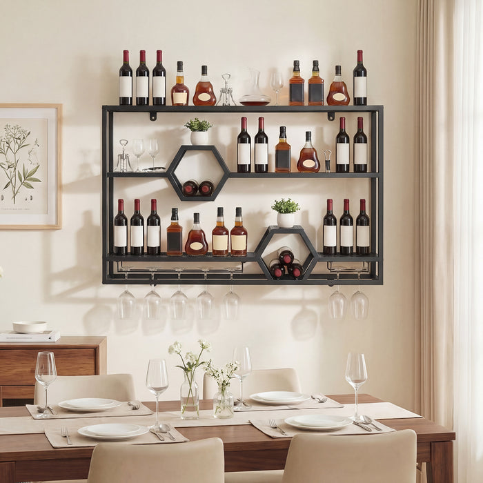 3-Tier Metal Wall Mounted Wine Rack with Glass Holder  for Home Bar-Black