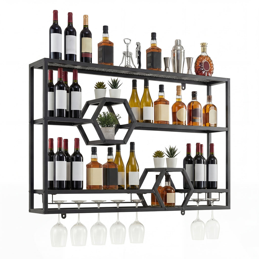 3-Tier Metal Wall Mounted Wine Rack with Glass Holder  for Home Bar-Black