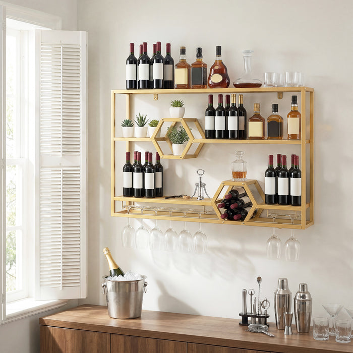 3-Tier Metal Wall Mounted Wine Rack with Glass Holder  for Home Bar-Black